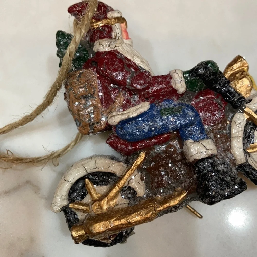Sunglass Sparkly Santa on motorcycle ornament